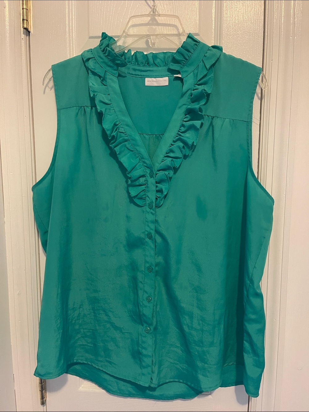 New York & Company Teal Ruffle V-Neck Sleeveless shirt
